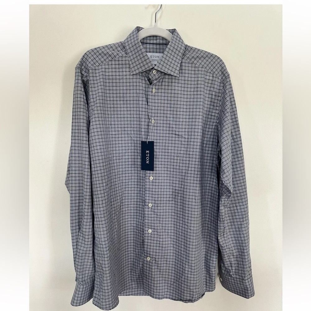 NWT Eton Mens Large 16 41 Contemporary Cotton Lyocell Check Dress Shirt